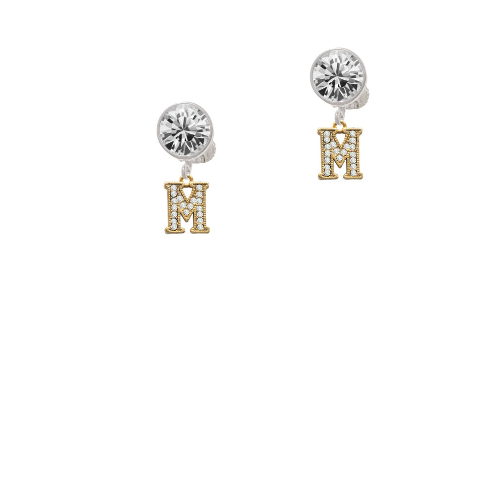 Gold Tone Small Crystal Initial - M - Crystal Clip On Earrings Image 2