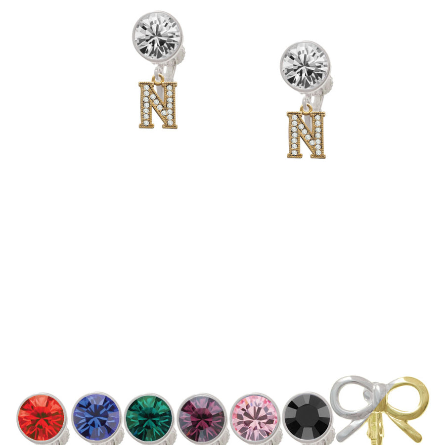 Gold Tone Small Crystal Initial - N - Crystal Clip On Earrings Image 1