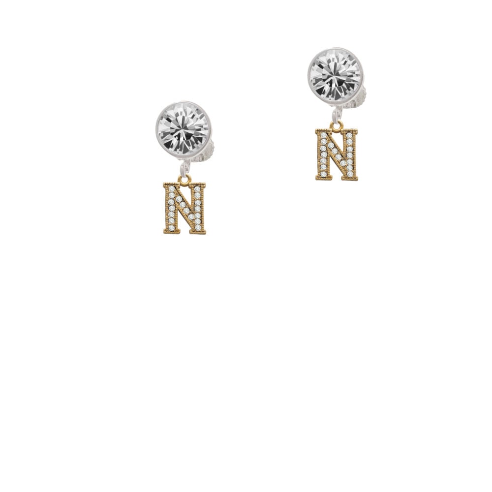 Gold Tone Small Crystal Initial - N - Crystal Clip On Earrings Image 1