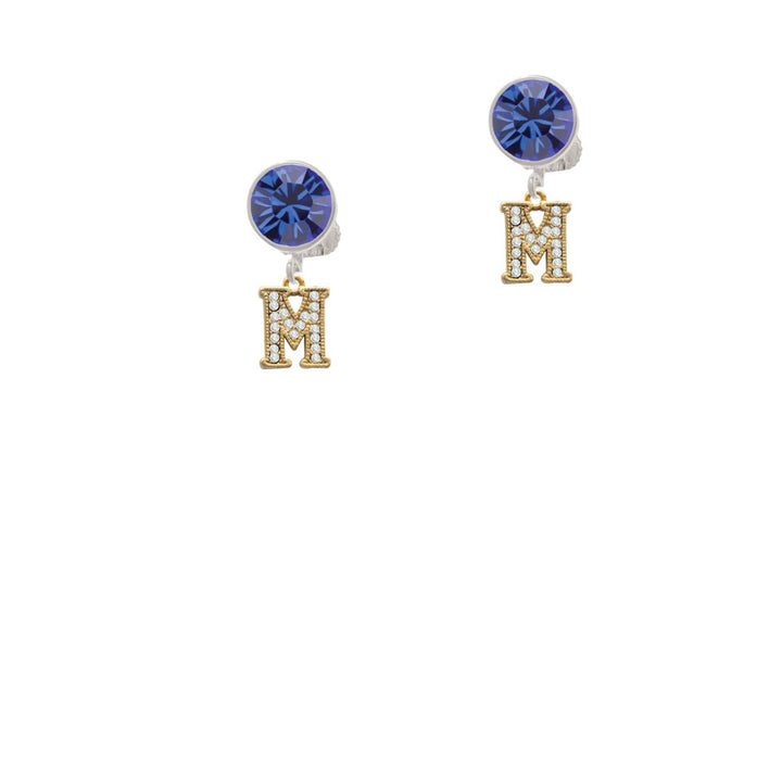 Gold Tone Small Crystal Initial - M - Crystal Clip On Earrings Image 7