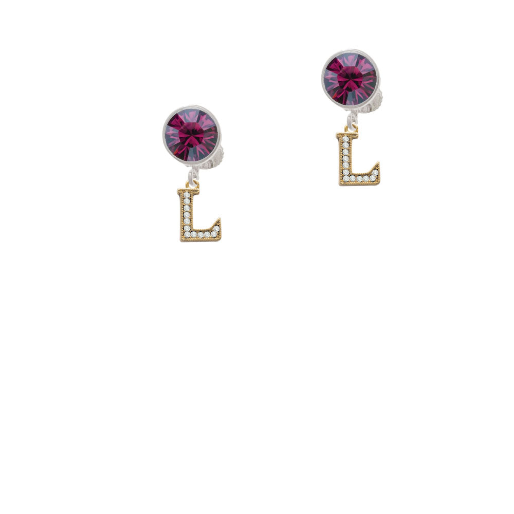 Gold Tone Small Crystal Initial - L - Crystal Clip On Earrings Image 8