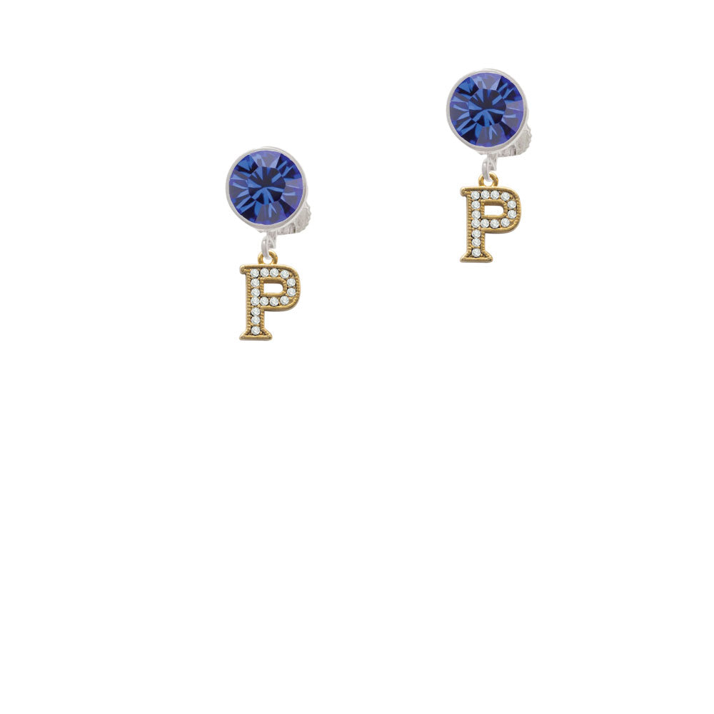 Gold Tone Small Crystal Initial - P - Crystal Clip On Earrings Image 7