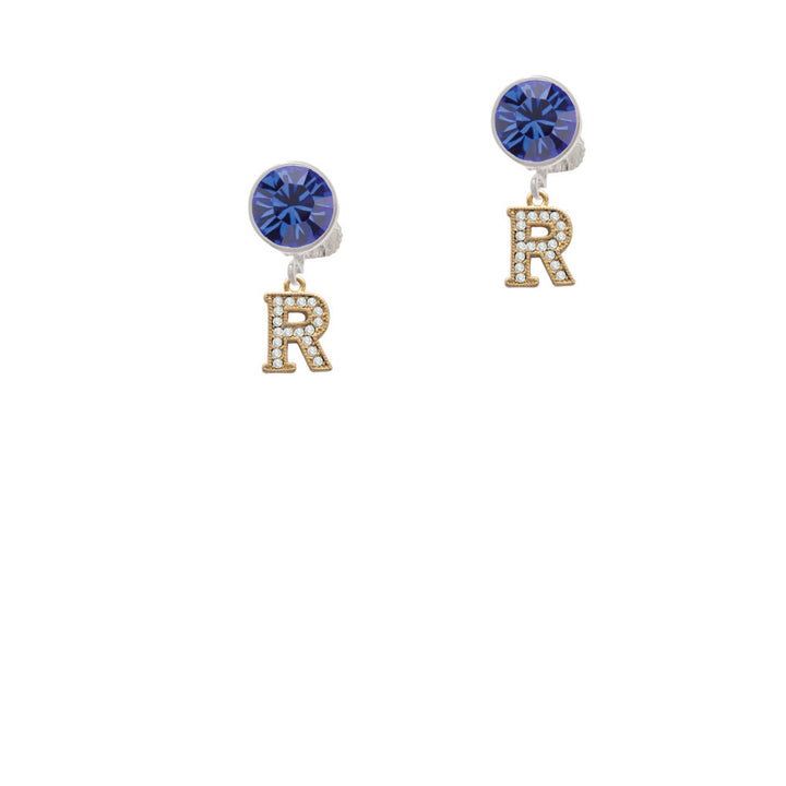 Gold Tone Small Crystal Initial - R - Crystal Clip On Earrings Image 7