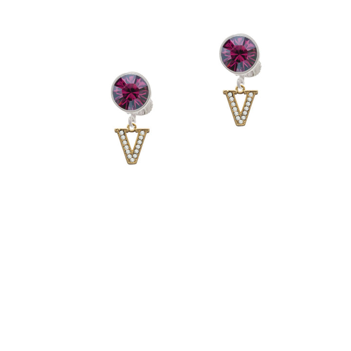 Gold Tone Small Crystal Initial - V - Crystal Clip On Earrings Image 8