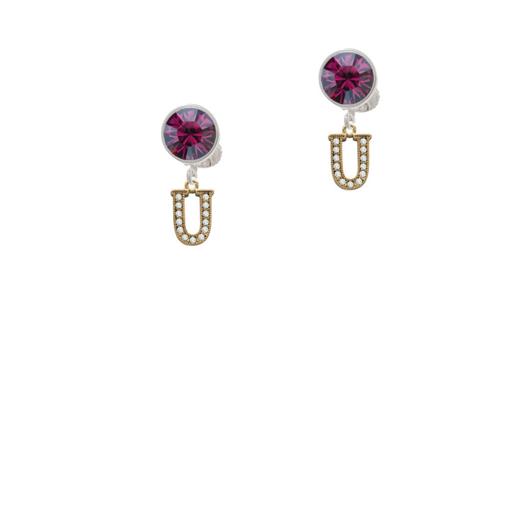 Gold Tone Small Crystal Initial - U - Crystal Clip On Earrings Image 8