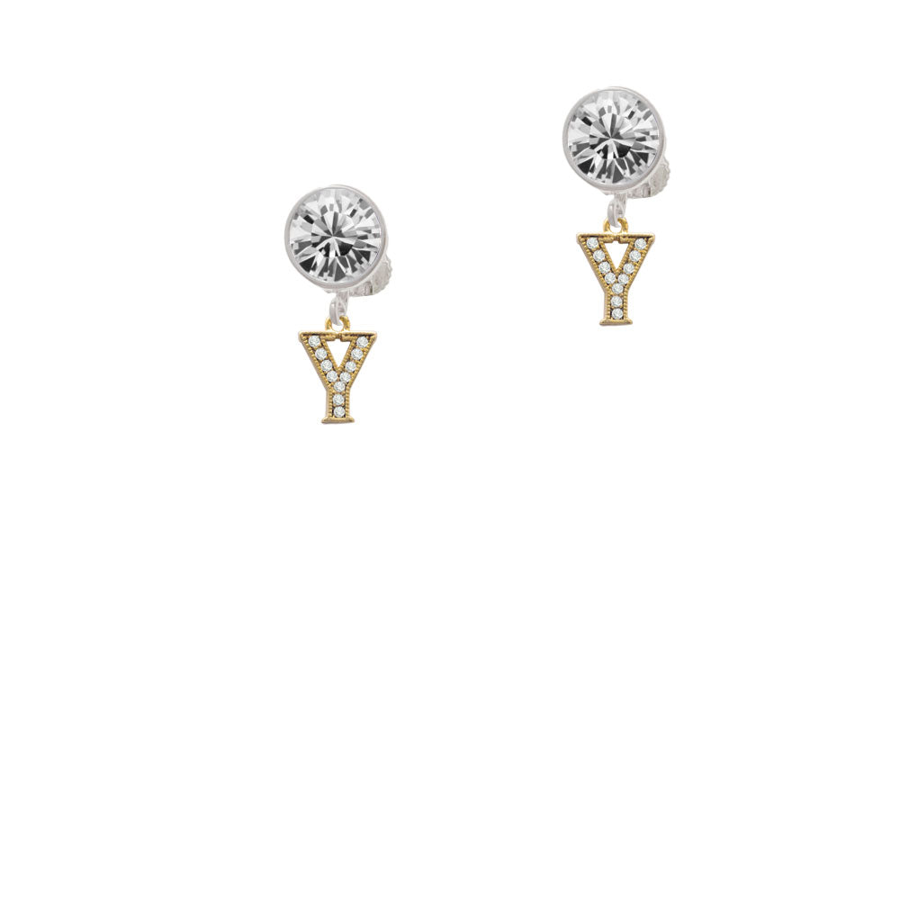 Gold Tone Small Crystal Initial - Y - Crystal Clip On Earrings Image 2