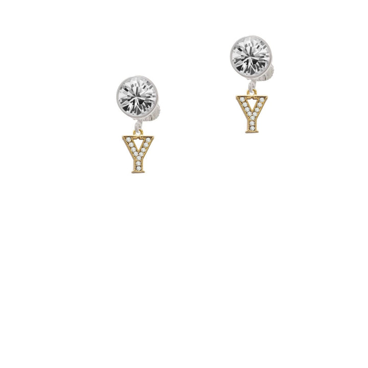 Gold Tone Small Crystal Initial - Y - Crystal Clip On Earrings Image 1