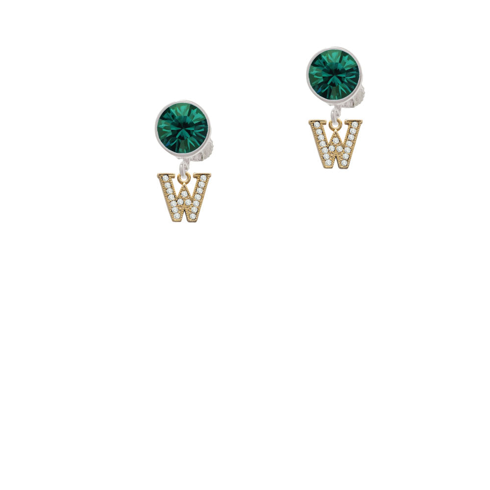 Gold Tone Small Crystal Initial - W - Crystal Clip On Earrings Image 6