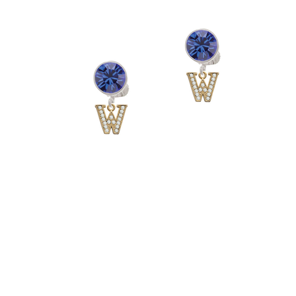 Gold Tone Small Crystal Initial - W - Crystal Clip On Earrings Image 7