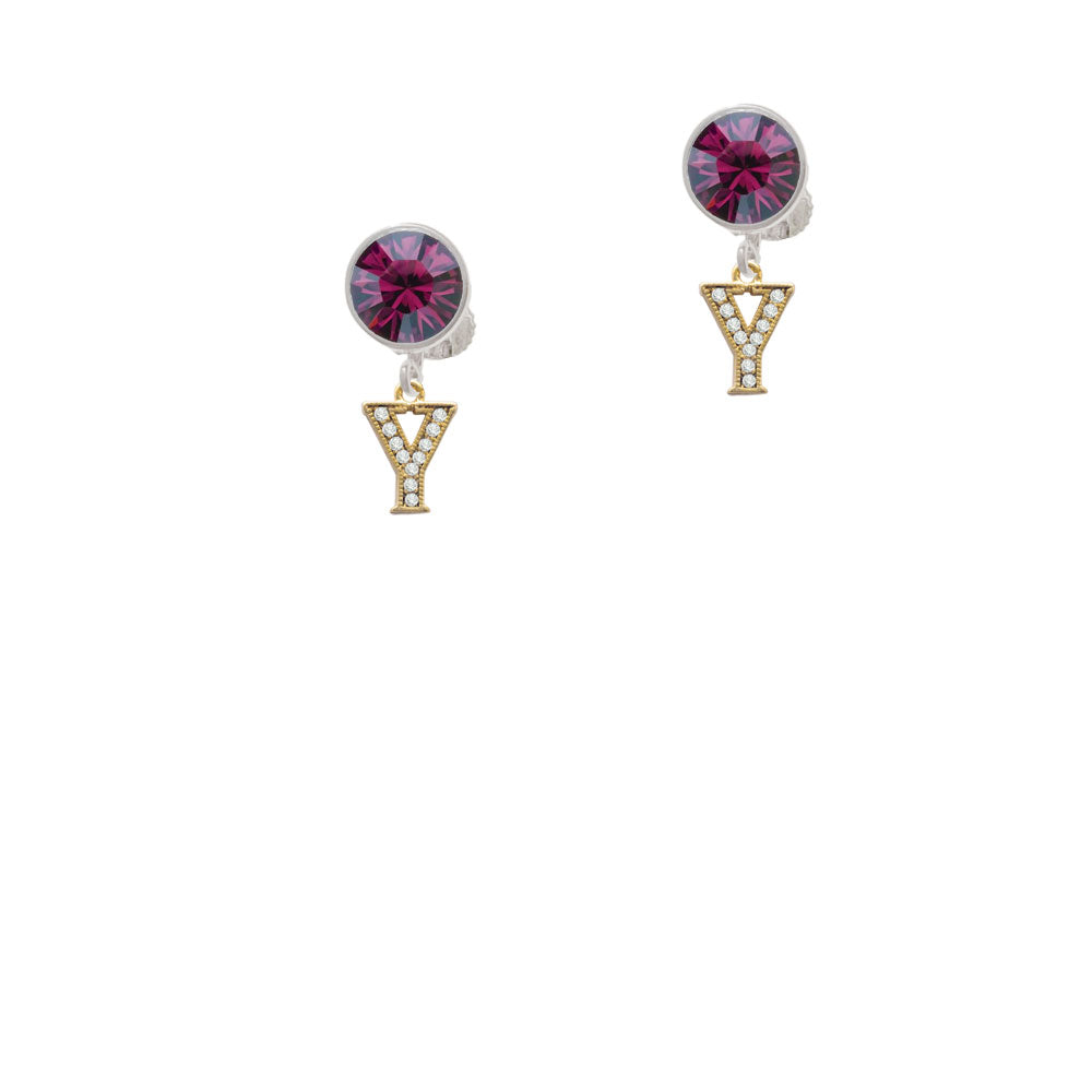 Gold Tone Small Crystal Initial - Y - Crystal Clip On Earrings Image 8