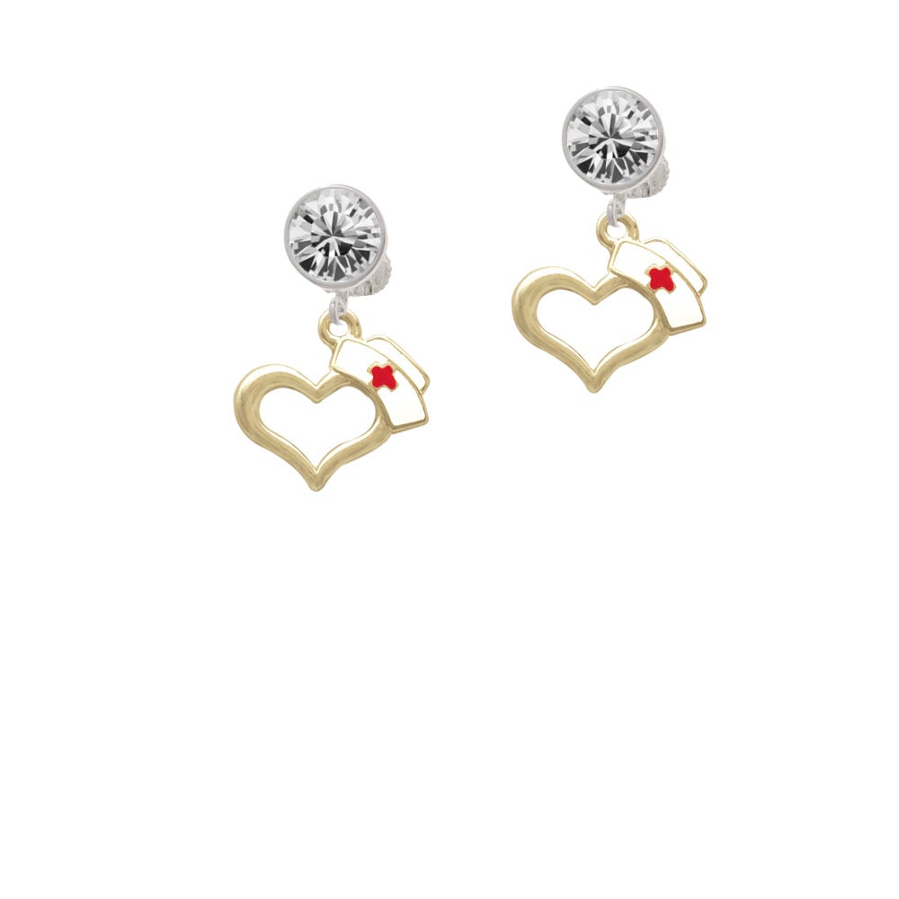 Gold Tone Open Heart with Nurse Hat Crystal Clip On Earrings Image 1