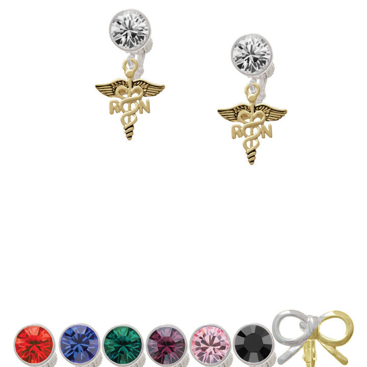 Gold Tone Registered Nurse Caduceus Crystal Clip On Earrings Image 1