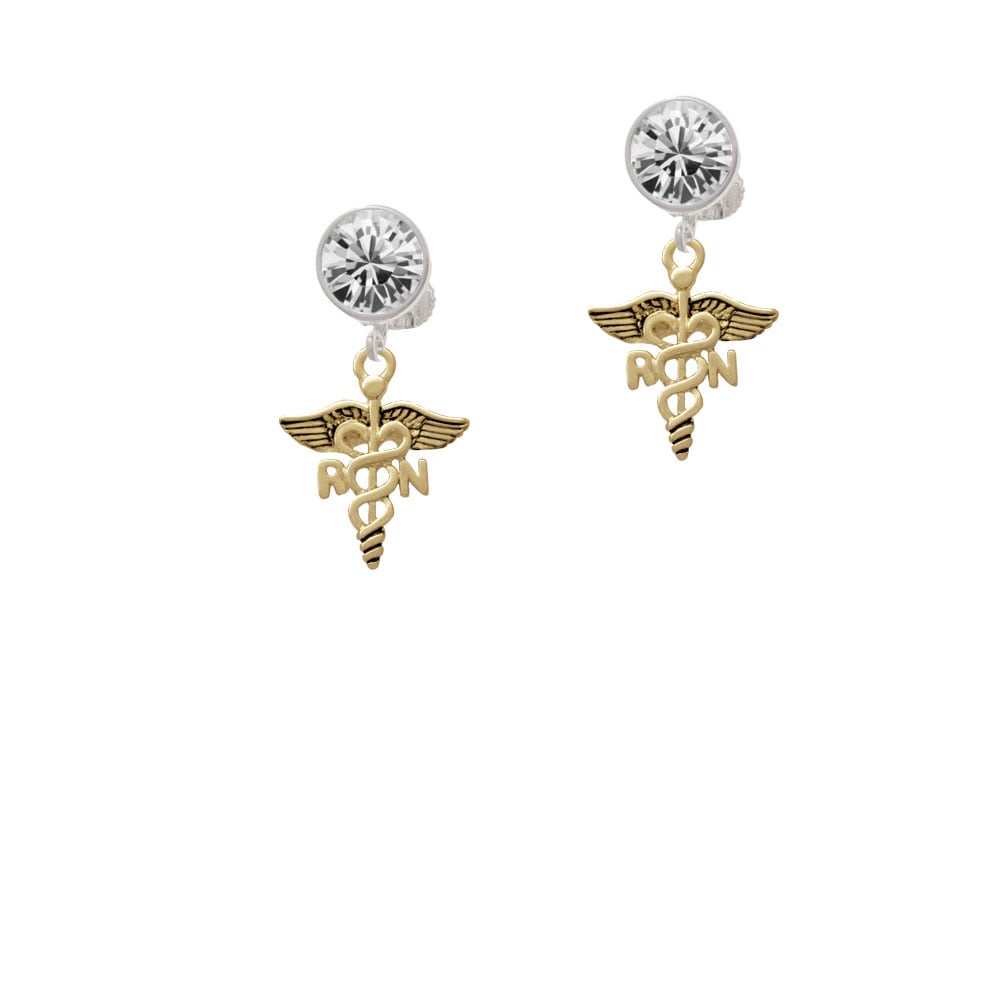 Gold Tone Registered Nurse Caduceus Crystal Clip On Earrings Image 2