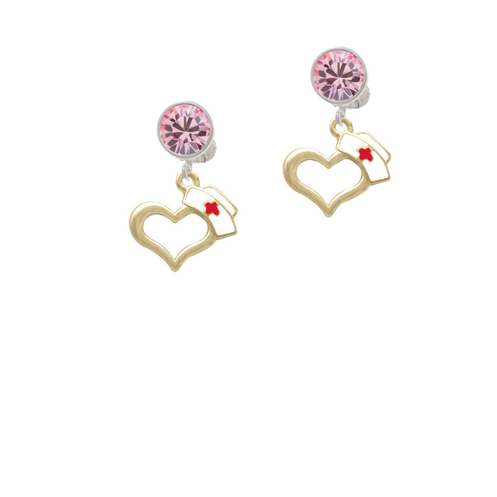 Gold Tone Open Heart with Nurse Hat Crystal Clip On Earrings Image 4