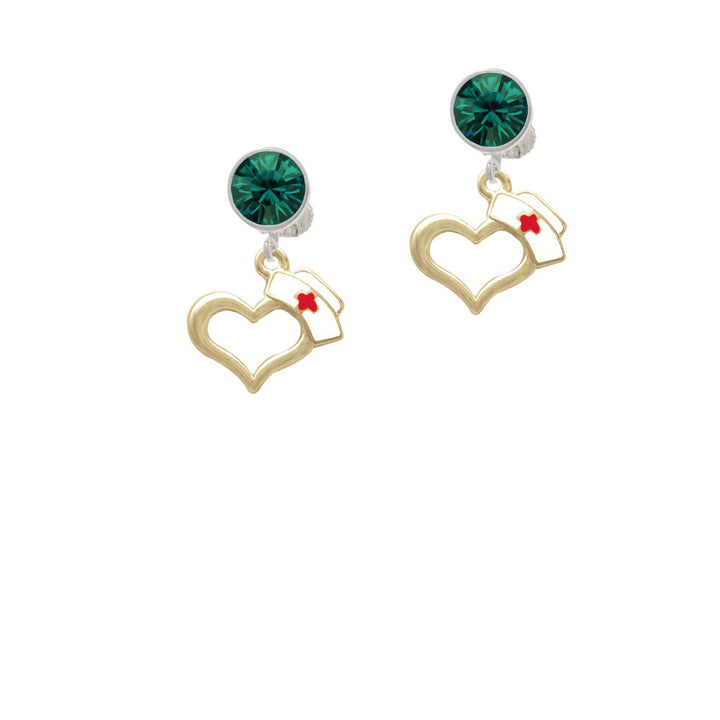 Gold Tone Open Heart with Nurse Hat Crystal Clip On Earrings Image 6