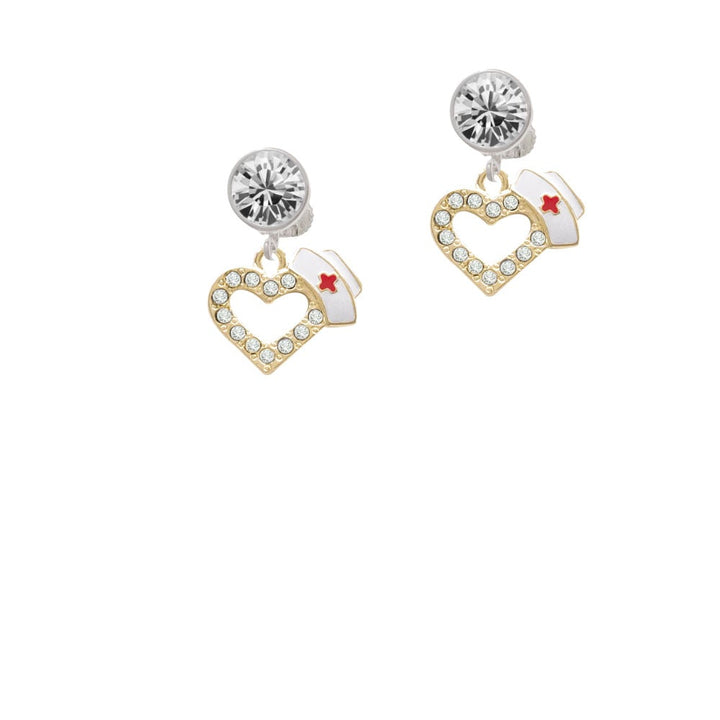 Small Gold Tone Crystal Heart with Nurse Hat Crystal Clip On Earrings Image 2