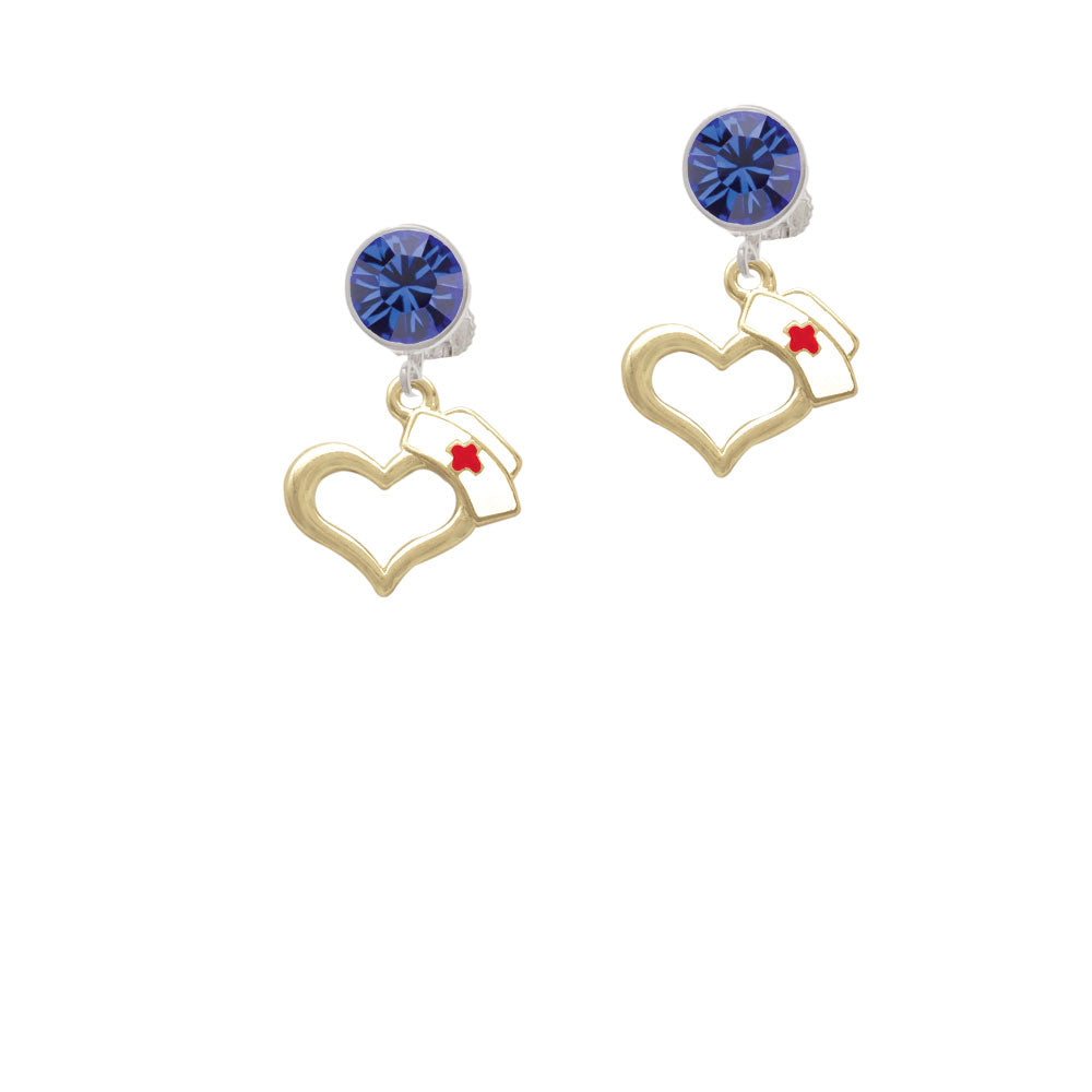 Gold Tone Open Heart with Nurse Hat Crystal Clip On Earrings Image 7