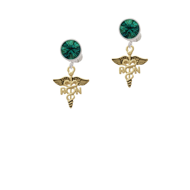 Gold Tone Registered Nurse Caduceus Crystal Clip On Earrings Image 6