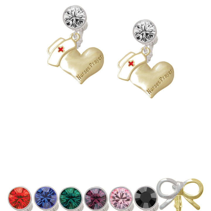 Gold Tone Nurses Prayer Heart - Healing Hand Crystal Clip On Earrings Image 1