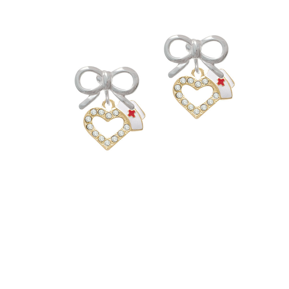 Small Gold Tone Crystal Heart with Nurse Hat Crystal Clip On Earrings Image 9