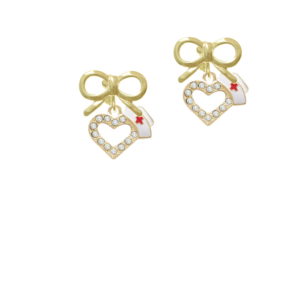 Small Gold Tone Crystal Heart with Nurse Hat Crystal Clip On Earrings Image 10