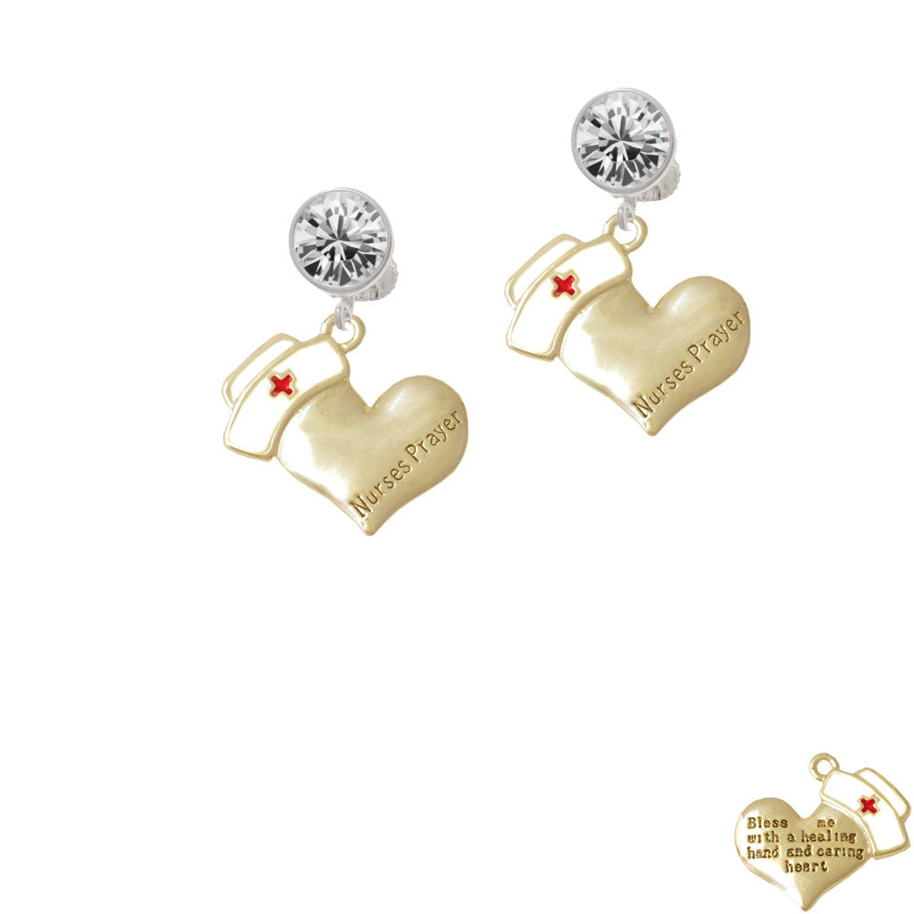 Gold Tone Nurses Prayer Heart - Healing Hand Crystal Clip On Earrings Image 2