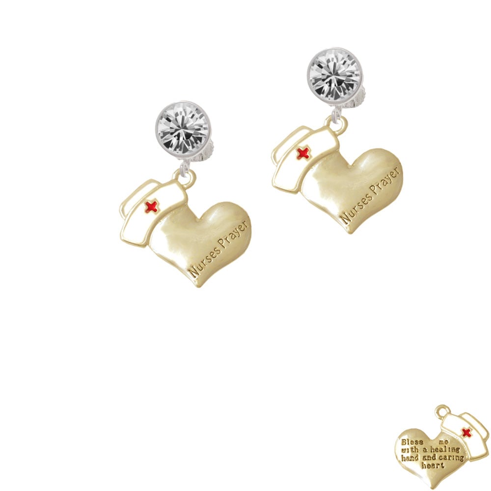 Gold Tone Nurses Prayer Heart - Healing Hand Crystal Clip On Earrings Image 1