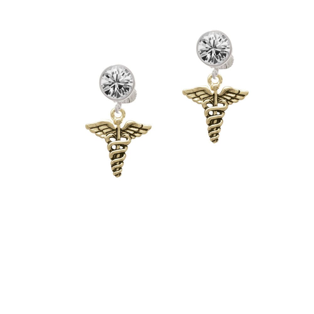 Gold Tone Caduceus Crystal Clip On Earrings Image 2