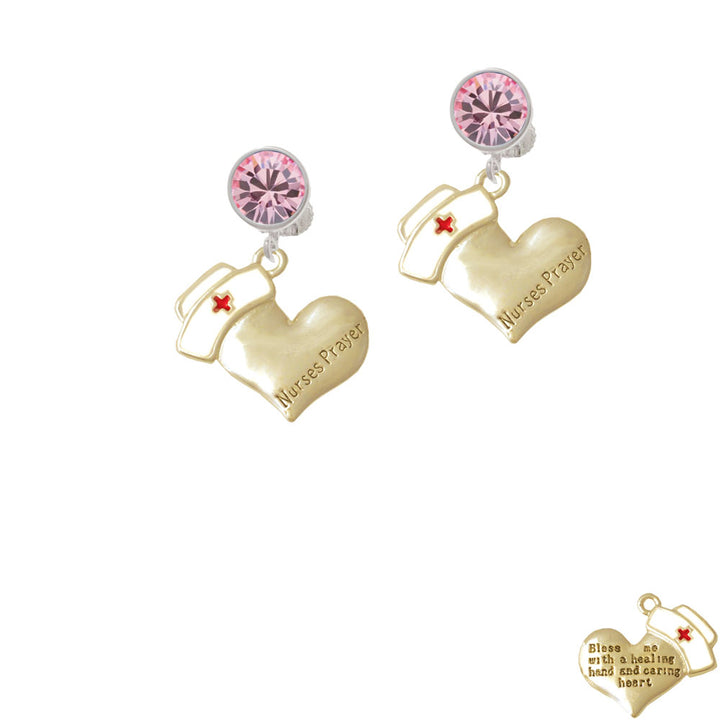 Gold Tone Nurses Prayer Heart - Healing Hand Crystal Clip On Earrings Image 4