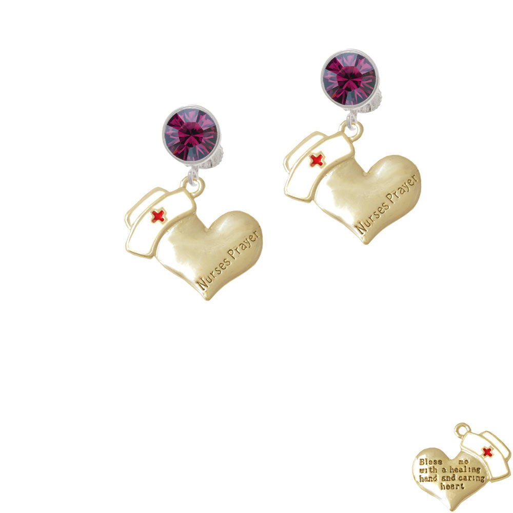 Gold Tone Nurses Prayer Heart - Healing Hand Crystal Clip On Earrings Image 8