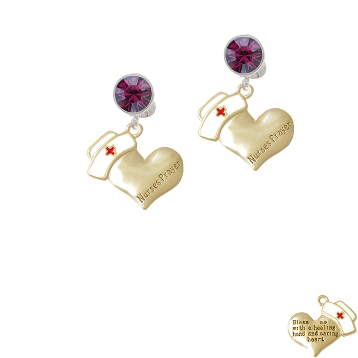 Gold Tone Nurses Prayer Heart - Healing Hand Crystal Clip On Earrings Image 1