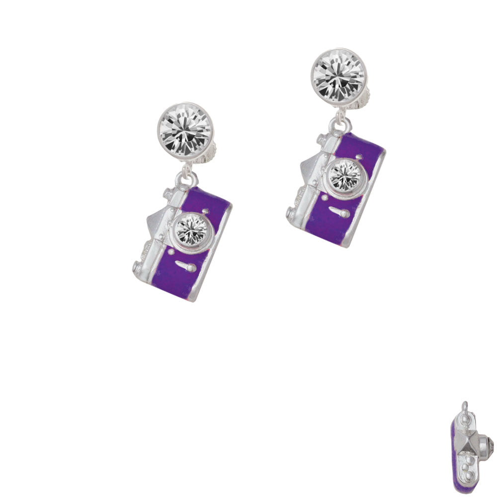 Purple Camera Crystal Clip On Earrings Image 2