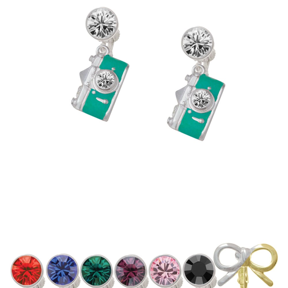 Teal Camera Crystal Clip On Earrings Image 1