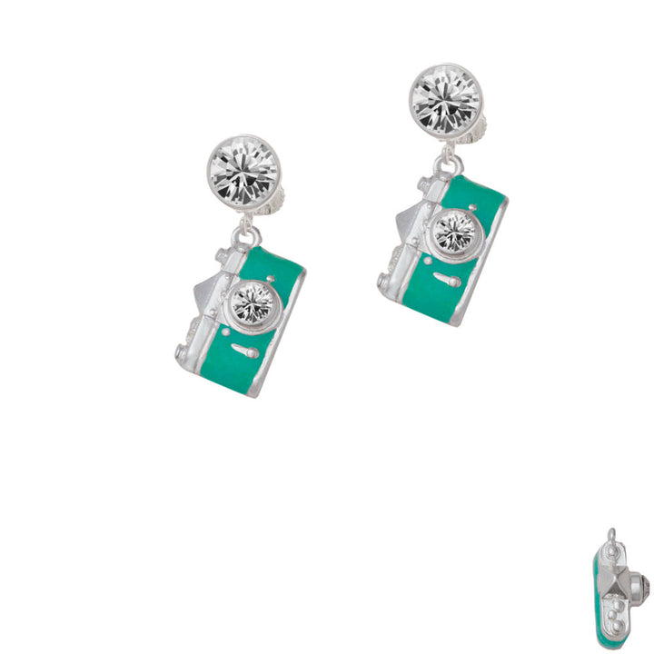 Teal Camera Crystal Clip On Earrings Image 2