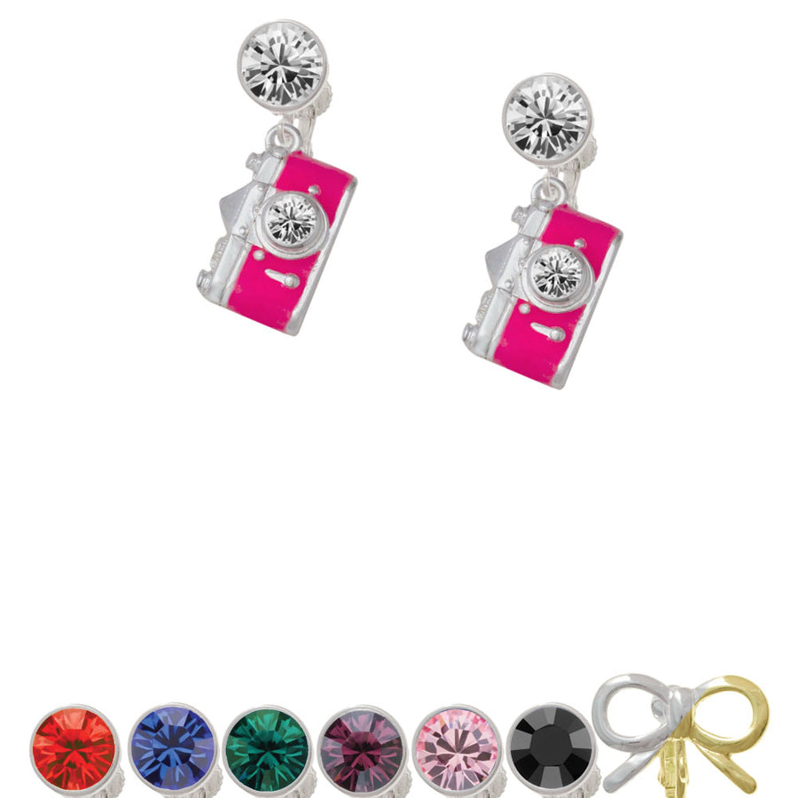 Pink Camera Crystal Clip On Earrings Image 1