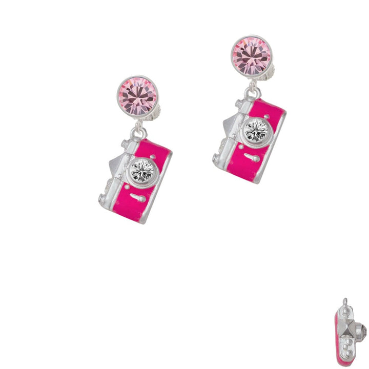 Pink Camera Crystal Clip On Earrings Image 1