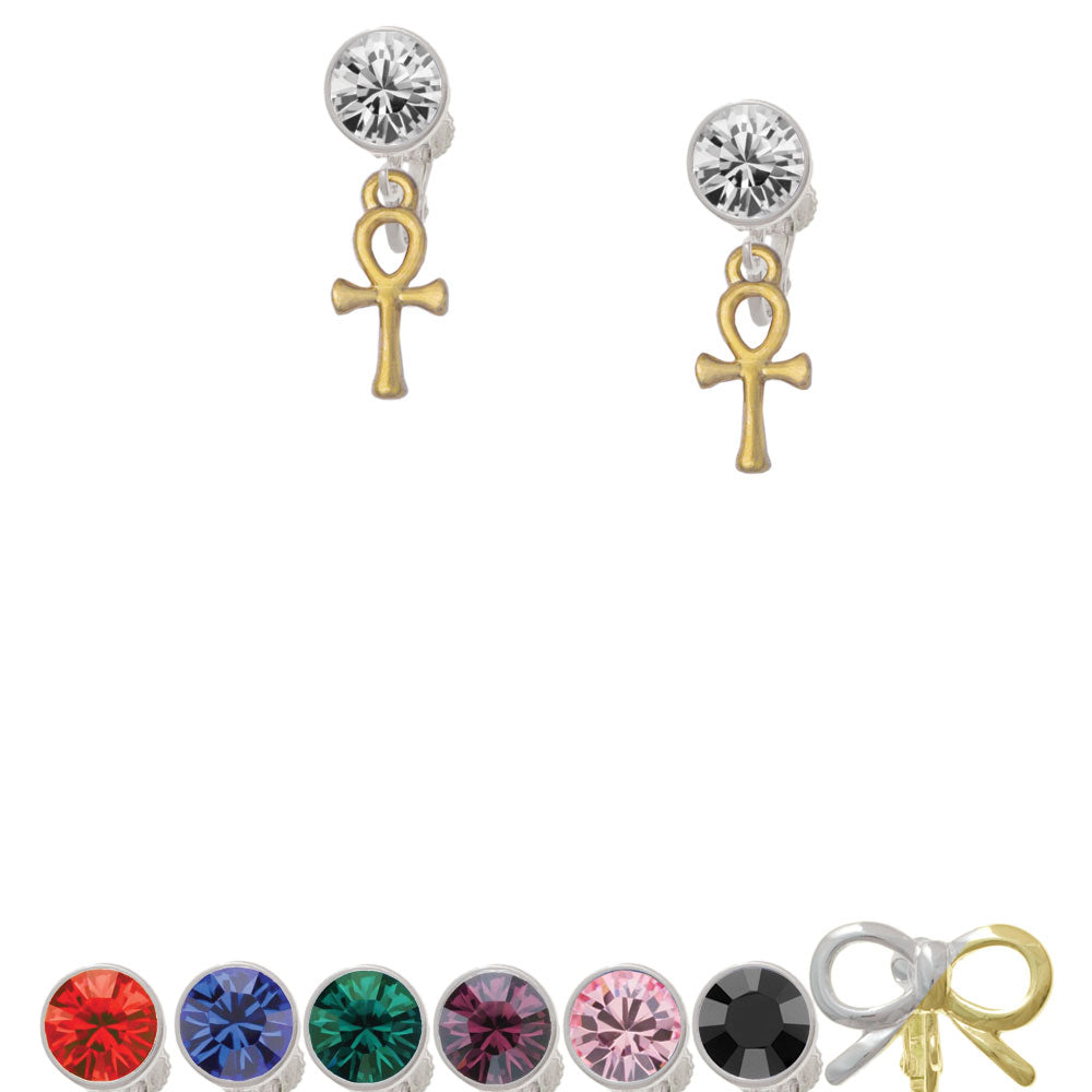 Small Gold Tone Ankh Crystal Clip On Earrings Image 1