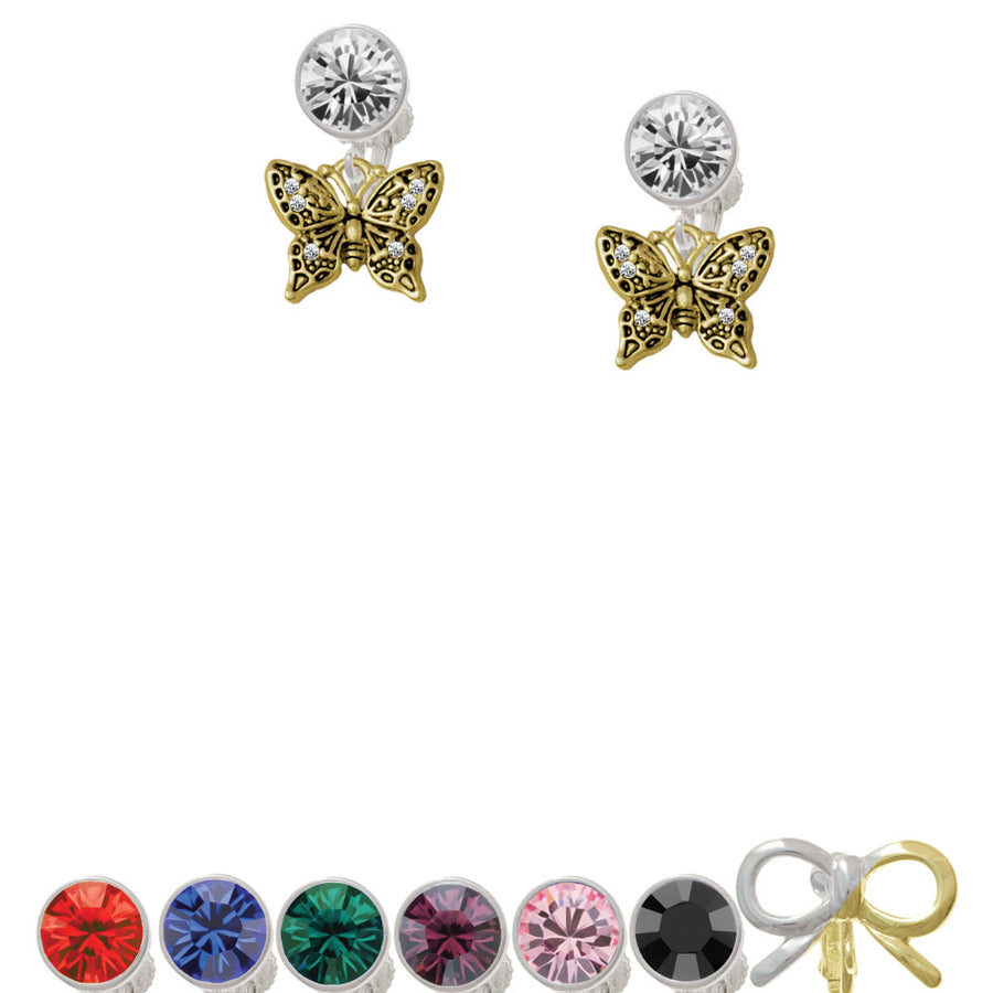 Small Gold Tone Antiqued Crystal Butterfly Crystal Clip On Earrings Image 1