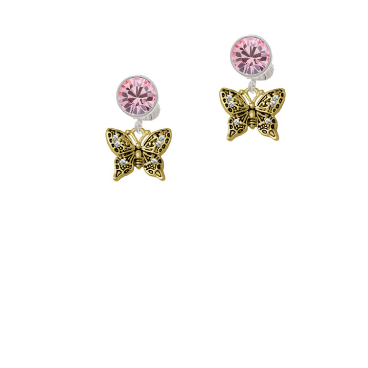 Small Gold Tone Antiqued Crystal Butterfly Crystal Clip On Earrings Image 4