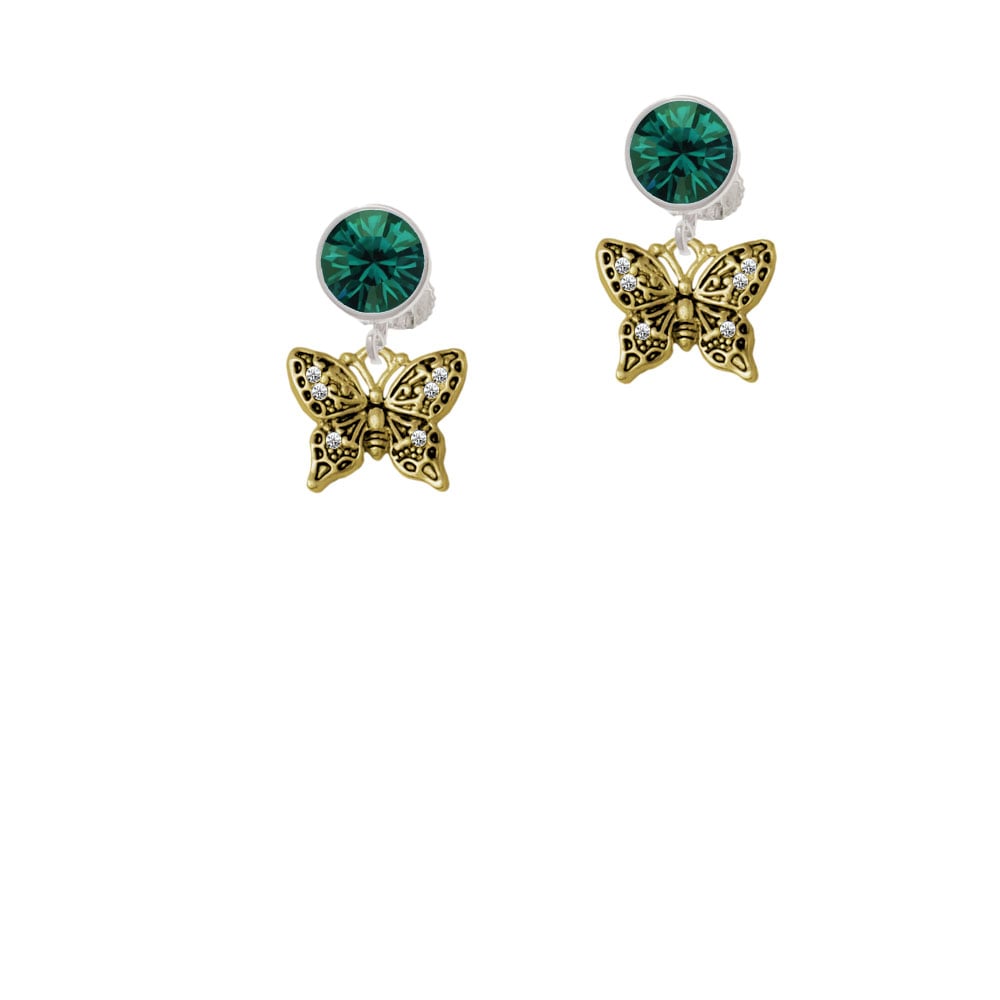 Small Gold Tone Antiqued Crystal Butterfly Crystal Clip On Earrings Image 6