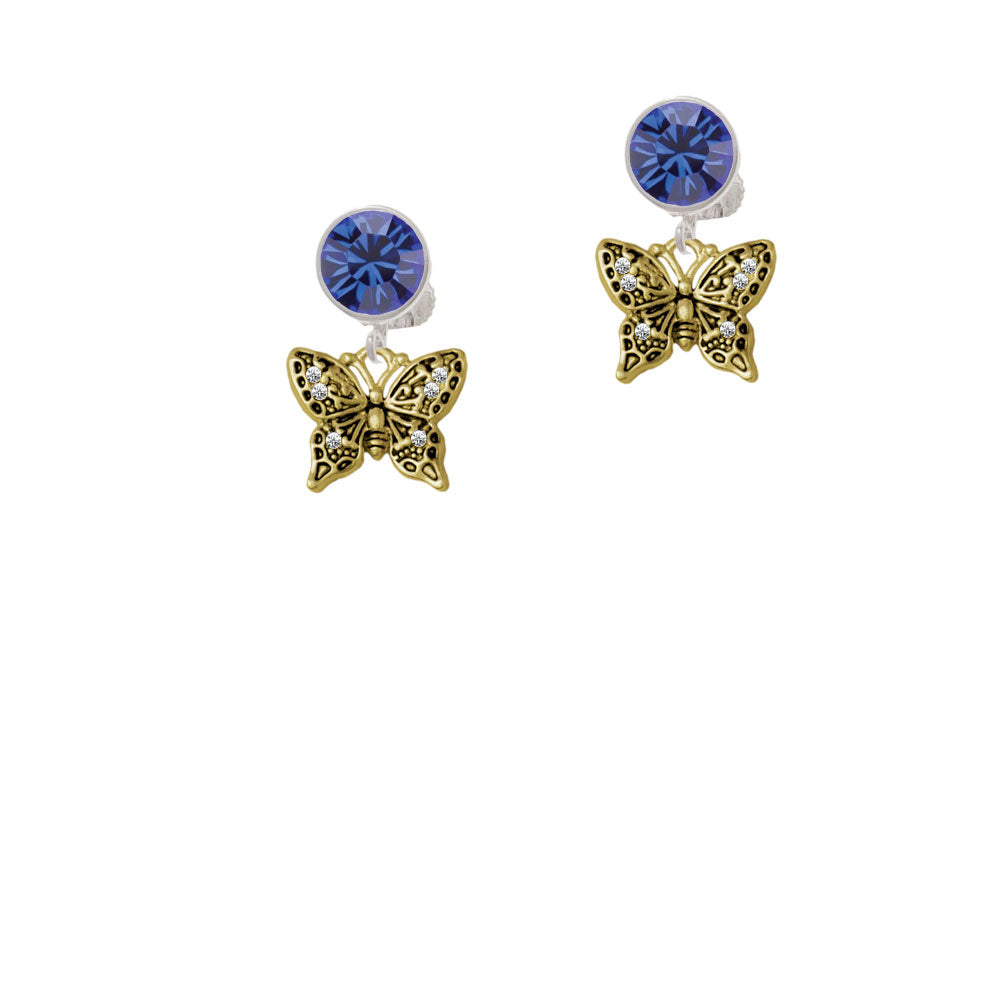 Small Gold Tone Antiqued Crystal Butterfly Crystal Clip On Earrings Image 7