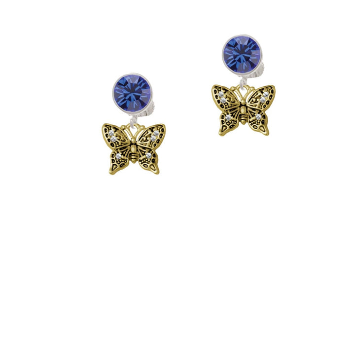 Small Gold Tone Antiqued Crystal Butterfly Crystal Clip On Earrings Image 1