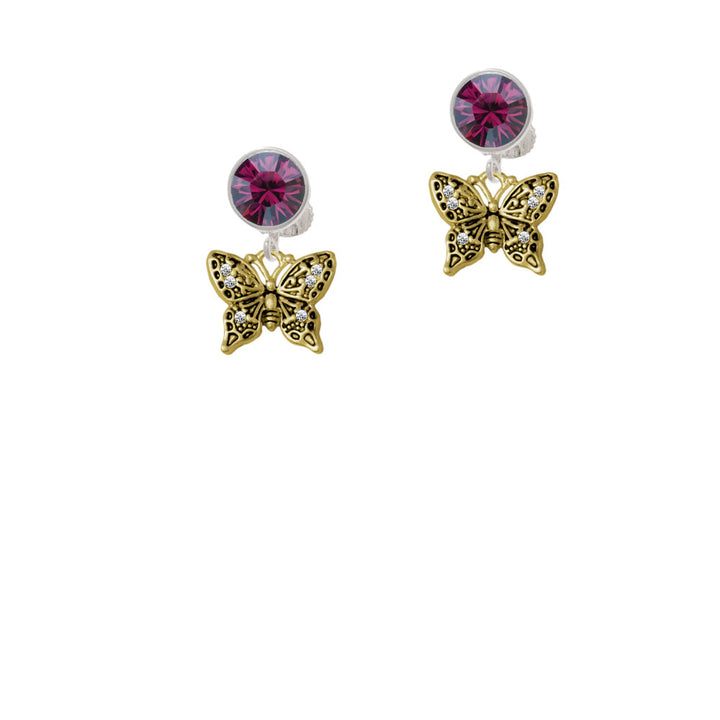 Small Gold Tone Antiqued Crystal Butterfly Crystal Clip On Earrings Image 8