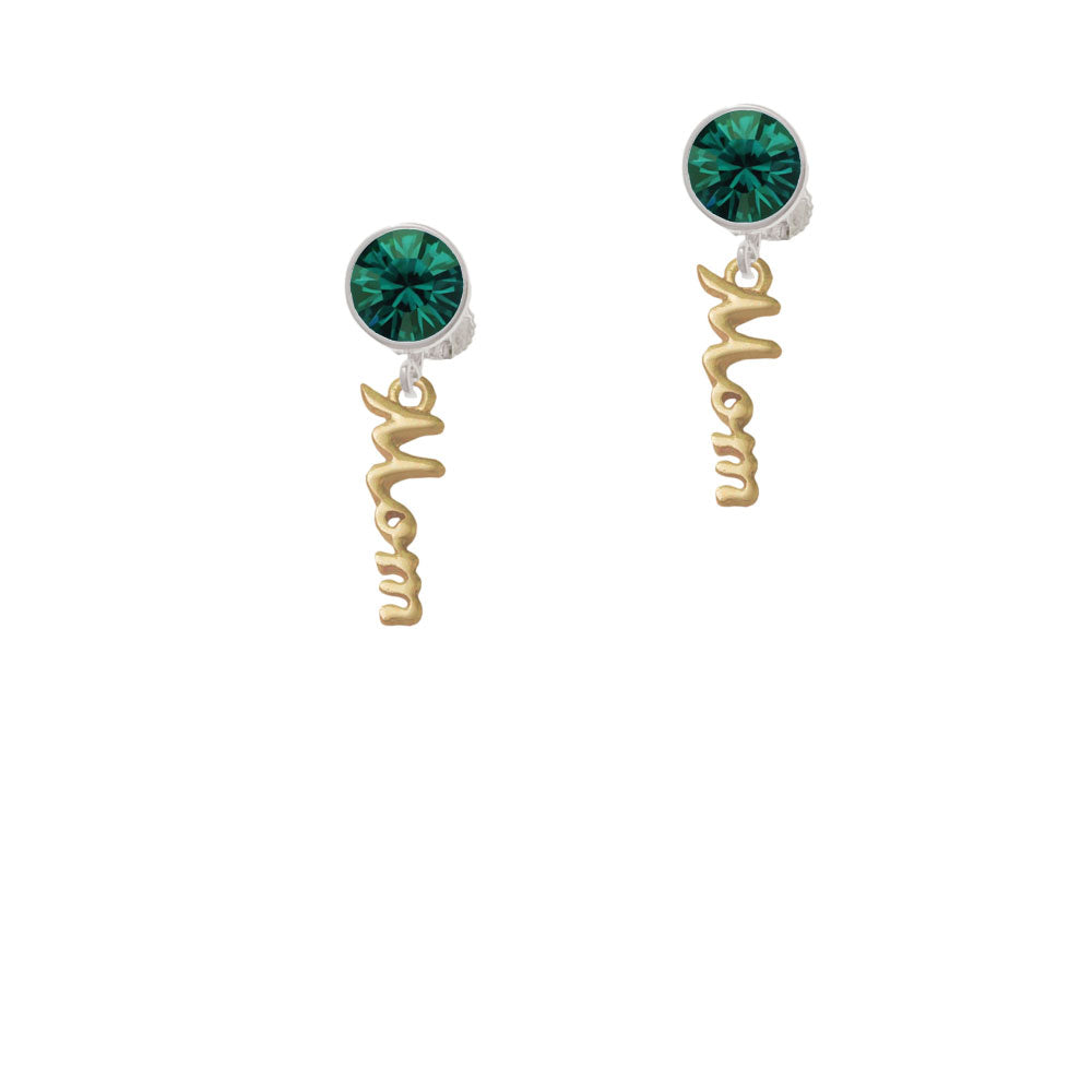 Small Gold Tone Mom Script Crystal Clip On Earrings Image 6