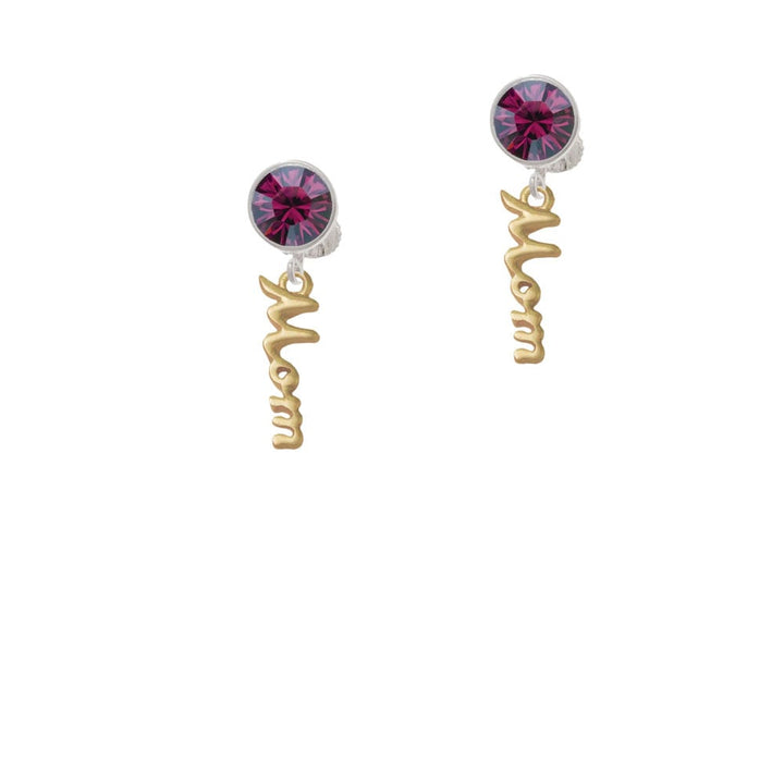 Small Gold Tone Mom Script Crystal Clip On Earrings Image 8