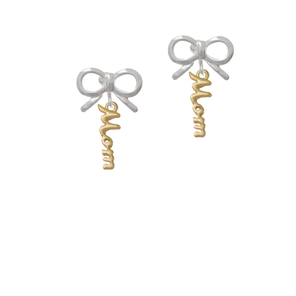 Small Gold Tone Mom Script Crystal Clip On Earrings Image 9