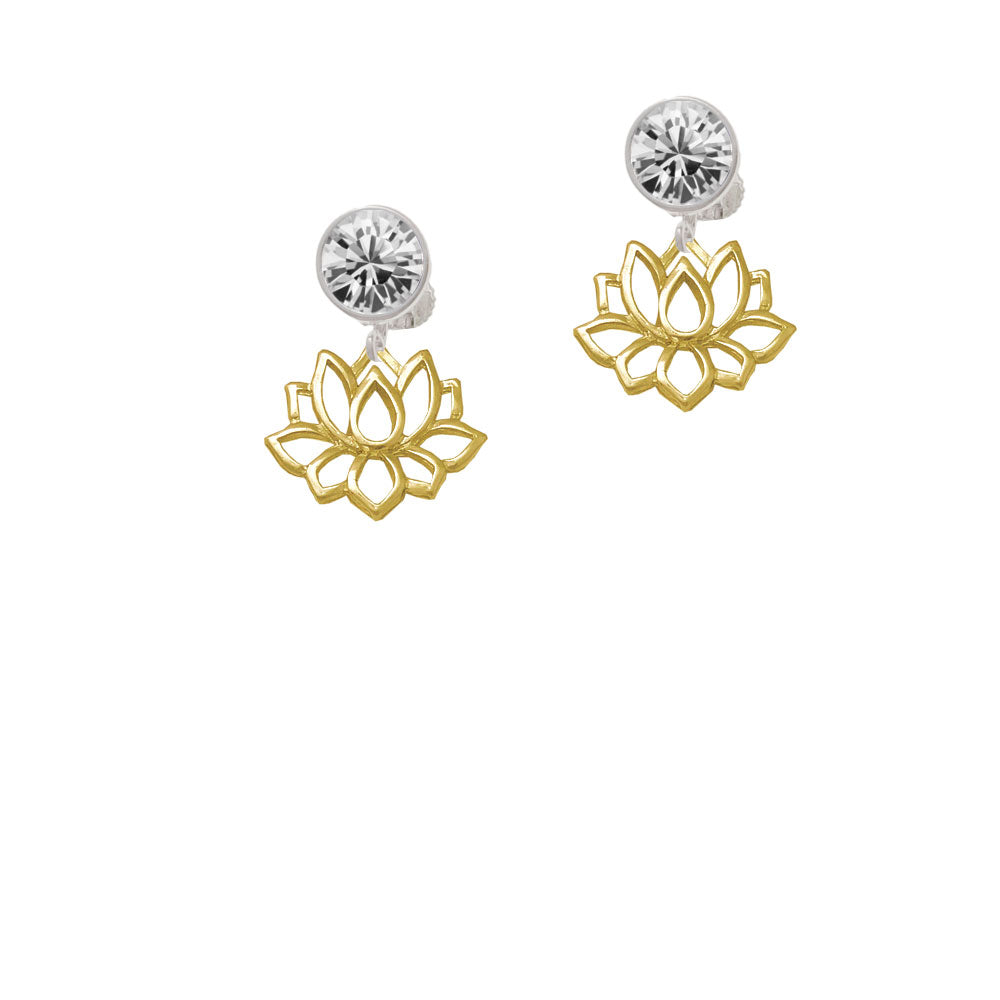 Gold Tone Lotus Outline Crystal Clip On Earrings Image 2