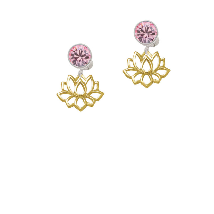 Gold Tone Lotus Outline Crystal Clip On Earrings Image 4