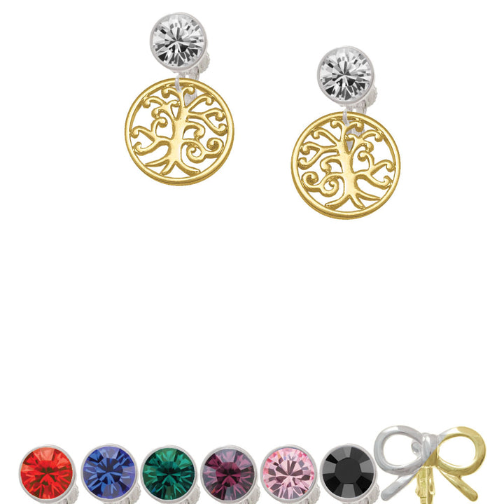 Gold Tone Tree of Life Cutout Crystal Clip On Earrings Image 1