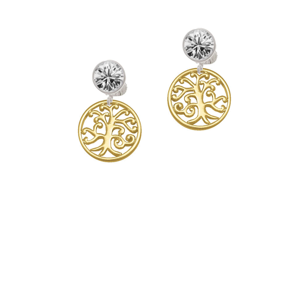 Gold Tone Tree of Life Cutout Crystal Clip On Earrings Image 2